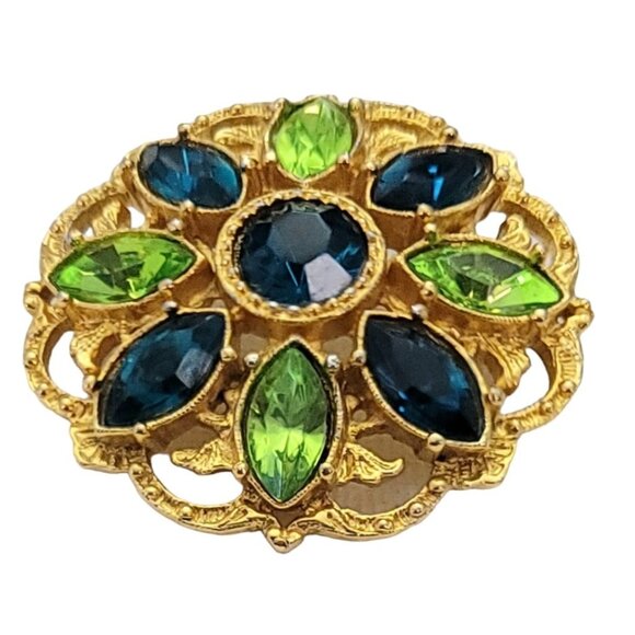 1928 Brand Green, Blue Resin Rhinestone Gold Tone Round Filigree Brooch L24 - Picture 2 of 9